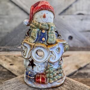 Kirkland's Potters Garden Snowman JOY Tealight Candle Holder Christmas Decor-8”H